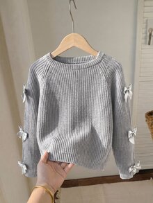 SHEIN 青少年女孩休閒圓領長袖鏤空蝴蝶結針織衫，秋冬款 - 灰色 - 查看 1