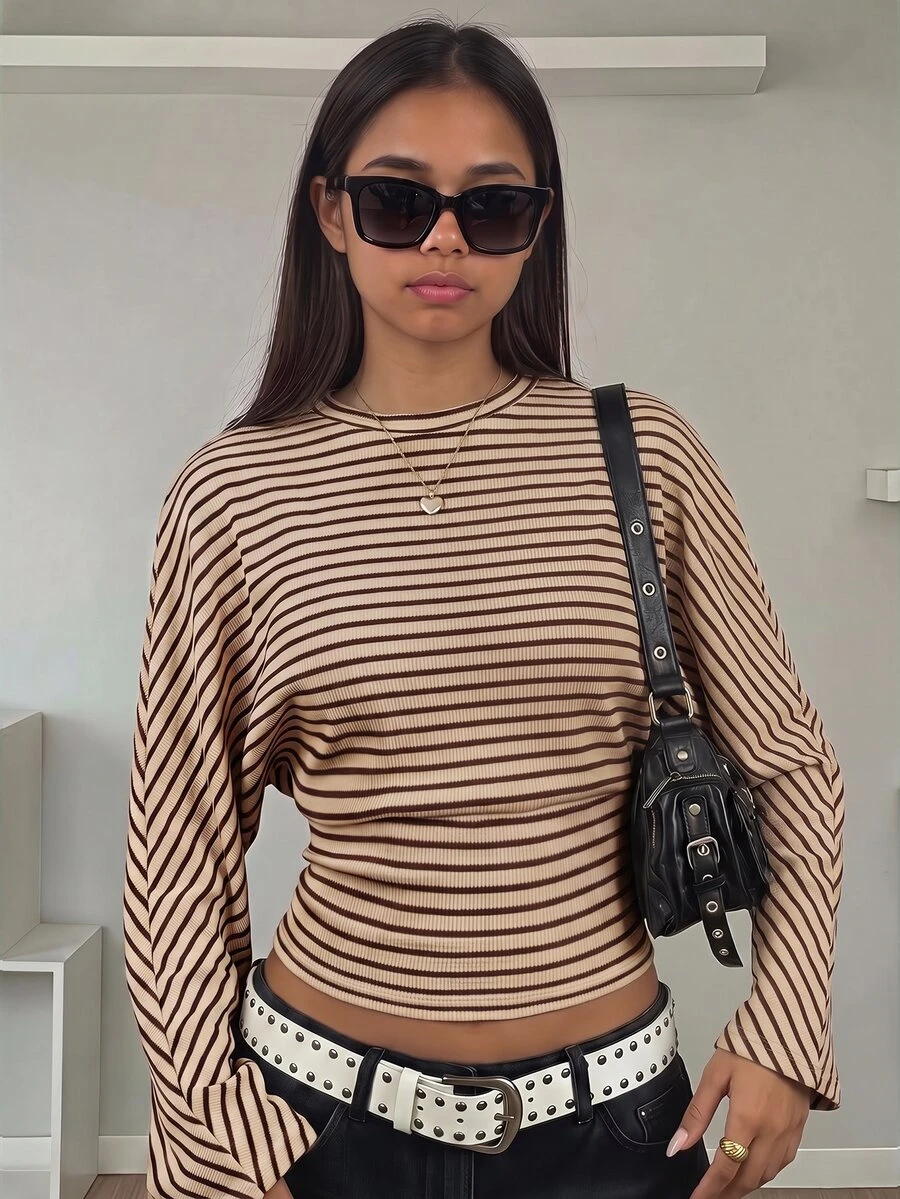 SHEIN 青少年女孩圓領條紋休閒寬鬆長袖T恤 - 卡其色 - 查看 1