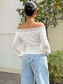 Muchica 95%棉女款休閒露肩修身長袖T恤，蕾絲飾邊，優雅，女款秋冬服飾 - 白色 - 查看 2