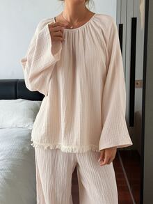 DAZY 2pcs Women's Pajama Set With Tassel Patchwork Solid Color Loose Long Sleeve Top And Long Pants - Apricot - View 7
