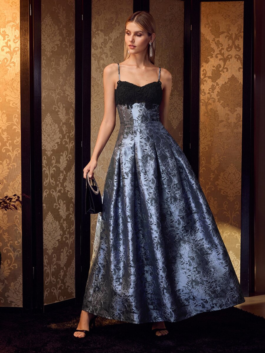 MOTF Soiréza WOMEN ELEGANT MAXI GOWN WITH 3D FLOWER TRIM, SPAGHETTI STRAPS, IDEAL FOR PARTIES AND EVENING EVENTS - Dusty Blue - View 1