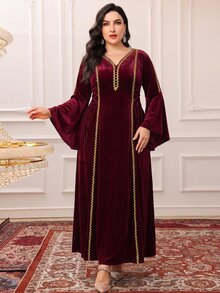 Al Najma Plus Size Women's Colorblock V-Neck Casual Party Arabian Dress - Burgundy - View 4
