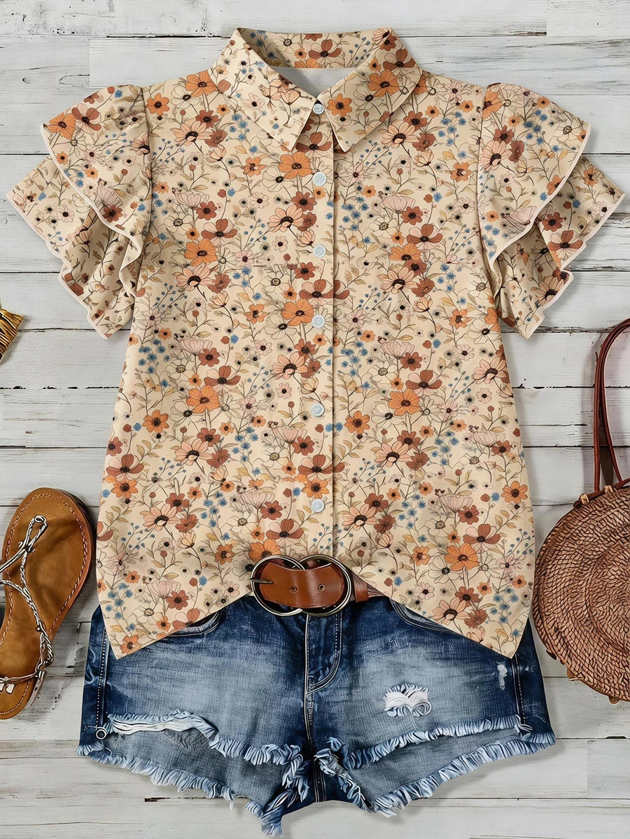 Mellowie Khaki Floral Print Casual Loose V-Neck Double Layer Ruffle Flutter Sleeve Top (Autumn/Winter New) - Multicolor - View 1