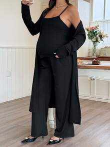 DAZY Solid Color Fitted Camisole Loose Robe Straight Leg Pants Casual Home Wear Spring Autumn 3 Pieces Set Maternity 2 Pieces Set - Black - View 4