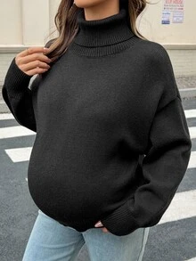 Dazy Maternity Solid Color Loose High Neck Casual Daily Korean Style Autumn/Winter Knit Sweater For Pregnant Women - Black - View 5