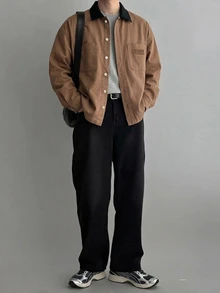 DAZY 春秋拼接領撞色水洗做舊男士牛仔夾克 - 棕色 - 查看 5