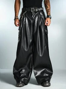 ROMWE MEN Men's PU Loose Wide Leg Long Pants - Black - View 4