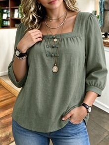 Linhara CURVE PlusSize New Chinese Daily Blouse, Square Neck Frog Button Puff Long Sleeve Top - Army Green - View 3