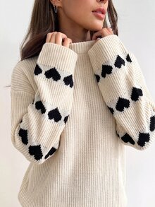 Mulvari Women's Loose Heart Jacquard Knit Sweater 2 Pieces Set, Autumn/Winter Casual Going Out - Apricot - View 6