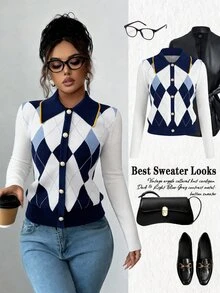 Elenzga Elegant Blue & White Argyle Pattern Turndown Collar Faux Placket Long Sleeve Knit Sweater, Suitable For Commuting And Everyday Wear, Autumn/Winter - Blue and White - View 1