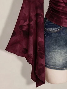 SHEIN ICON 女款休閒浪漫小碎花大尺碼酒紅色上衣，適合春秋穿著 - 彩色 - 查看 5