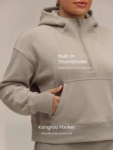 GLOWMODE Plus Size Everyday Fleece Keep It Cozy Oversized Half-Zip Hoodie With Thumbholes & Side Pockets Daily Casual Fall Winter Wear - Khaki - View 5