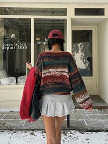 Muchica Women Autumn Casual Retro Vintage 70s Minimalist Sweater For Everyday Wear,Knitted Sweater Brunch Vacation Brown Striped - Multicolor - View 2