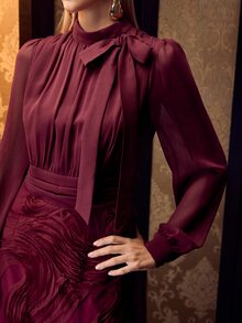 MOTF PREMIUM FLOWY TEXTURED FABRIC FASHION SLIMMING WAIST ELEGANT ELEGANT WOMEN'S DRESS - Burgundy - View 2