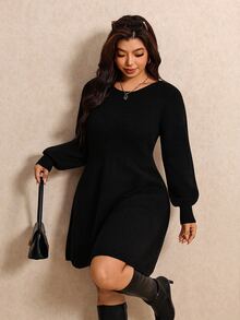 Elaquor Plus Size Women Bowknot Decor Casual Daily Knit Dress - Black - View 4