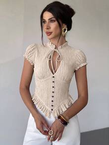 Firerie Lace-Up Hollow V-Neck Short Sleeve Top, Single-Breasted Ruched Waist Cropped Textured Sexy Romantic Elegant Blouse Brunch Date Brown Summer - Apricot - View 6