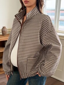Dazy Maternity Vintage Houndstooth Loose Long Sleeve Zip-Up Casual Streetwear Everyday Spring/Autumn Maternity Regular Jacket - Khaki - View 1