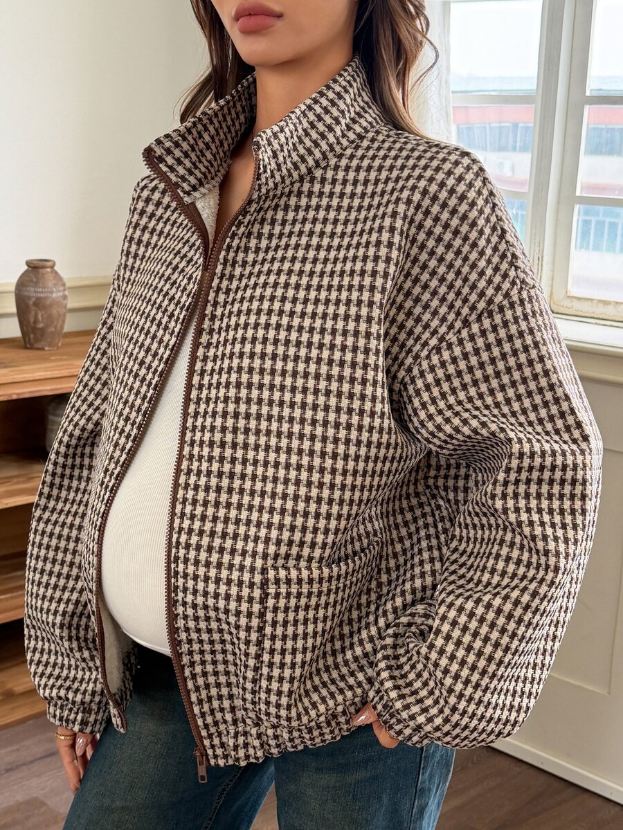 Dazy Maternity Vintage Houndstooth Loose Long Sleeve Zip-Up Casual Streetwear Everyday Spring/Autumn Maternity Regular Jacket - Khaki - View 1