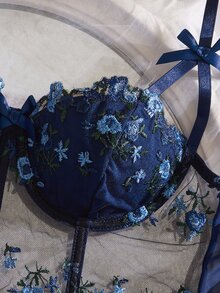 Crystal Vow 2件組 酒紅色玫瑰刺繡鋼圈內衣與內褲套裝 女款 - 藍色 - 查看 4