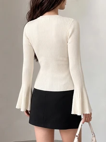 Modelyn Women's Flared Sleeve Button-Up Fitted Long Sleeve White Cardigan, Autumn/Winter - White - View 2