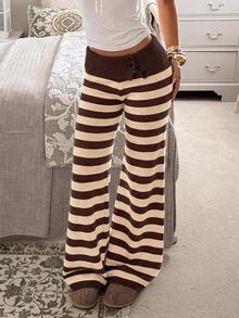 CovetEZ Women's Korean Style Button Striped Colorblock Knit Pants - Multicolor - View 6