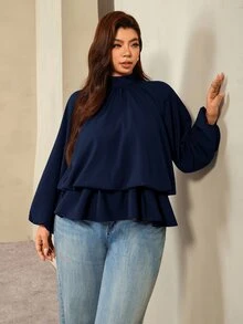 Auralis 咖啡棕色落肩長袖大尺碼寬鬆腰部鬆緊皺褶下擺套頭上衣休閒上衣優雅辦公正式商務工作女款秋季 - 藏蓝色 - 查看 6