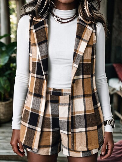 Linhara CURVE Autumn/Winter Women's New Plus Size Plaid Set Sleeveless Vest & Shorts Casual Elegant
