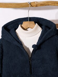 SHEIN Little Byeori 2件組男童冬季休閒返校穿搭套裝，包含抓絨半拉鍊連帽衛衣與寬鬆休閒慢跑長褲，秋冬加厚保暖校園套裝 - 藏蓝色 - 查看 6