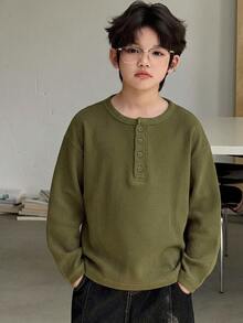 Dazy Kids Tween Boy Solid Color Casual Versatile Daily Wear Long Sleeve T-Shirt - Army Green - View 7