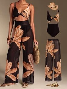 Swim Oasis Deep Brown Floral Print One-Piece Swimsuit And Long Pants 2-Piece Set, Elegant And Exquisite For Women, Beach Vacation, Hot Spring Swimwear Outfit - Multicolor - View 6