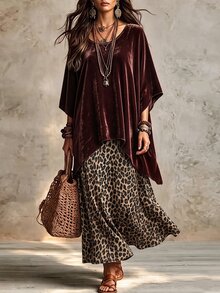 Omancia Women's New Autumn/Winter Velvet Leopard Print 2 Pieces Set - Coffee Brown - View 3