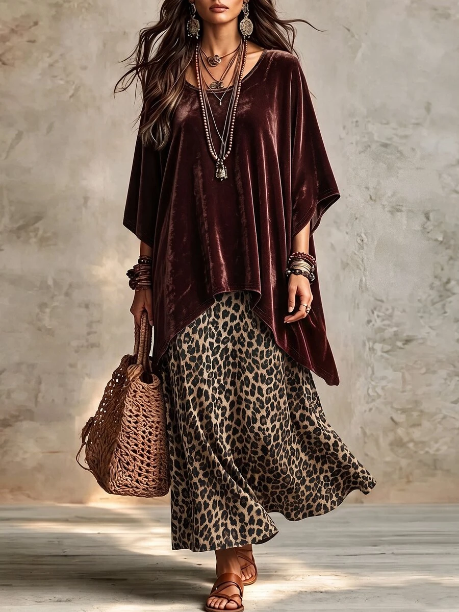 Omancia Women's New Autumn/Winter Velvet Leopard Print 2 Pieces Set - Coffee Brown - View 1