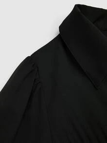 GlowEve CURVE 大尺碼女款條紋素色拼接二合一長洋裝，優雅長袖翻領長裙 - 棕色 - 查看 5