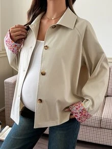 DAZY Patchwork Fabric Loose Lapel Casual Streetwear Korean Style Vacation Autumn/Winter Maternity Regular Jacket - Khaki - View 1