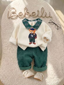 SHEIN 新生兒拼接格紋領卡通熊印花長袖衛衣與長褲休閒套裝 - 綠色 - 查看 3