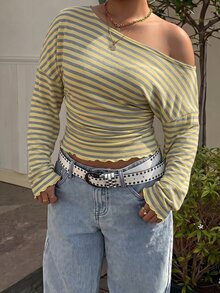 SHEIN EZwear Plus Size Women's Striped Off-Shoulder Casual Daily Long Sleeve T-Shirt Fall - Mustard Yellow - View 3
