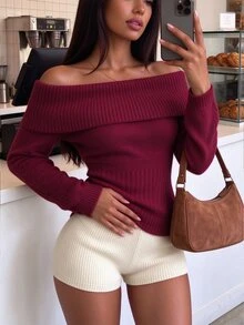 Autumina Women's Autumn/Winter Solid Color Cropped Cinched Cinched Waist Versatile Hot Girl Sweater - Burgundy - View 8