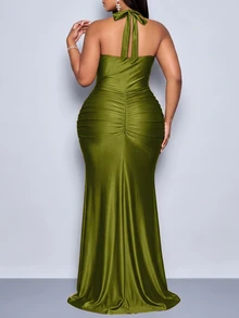 SOLERSUN Plus Size Women's Sexy Hooded Collar Pleated Long Dress With Backless Spaghetti Straps And High Slit Evening Gown - Army Green - View 2