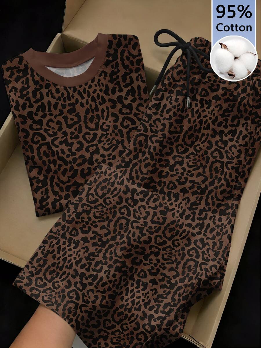 Comfortcana Women's Casual Leopard Print Cotton T-Shirt And Pants 2 Pieces Set - Multicolor - View 1