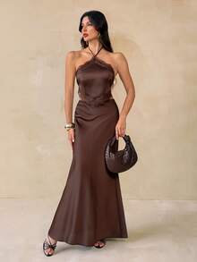 SHEIN Tall Brown Contrast Lace Halter Top And Long Skirt Set, 2 Pieces Vacation Casual Outfit - Coffee Brown - View 4