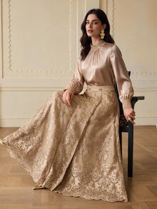 ZEYLAH Women's Solid Color Pleated Long Sleeve Top And Floral Embroidered Pattern Skirt Fashion 2 Pieces Set - Champagne - View 1