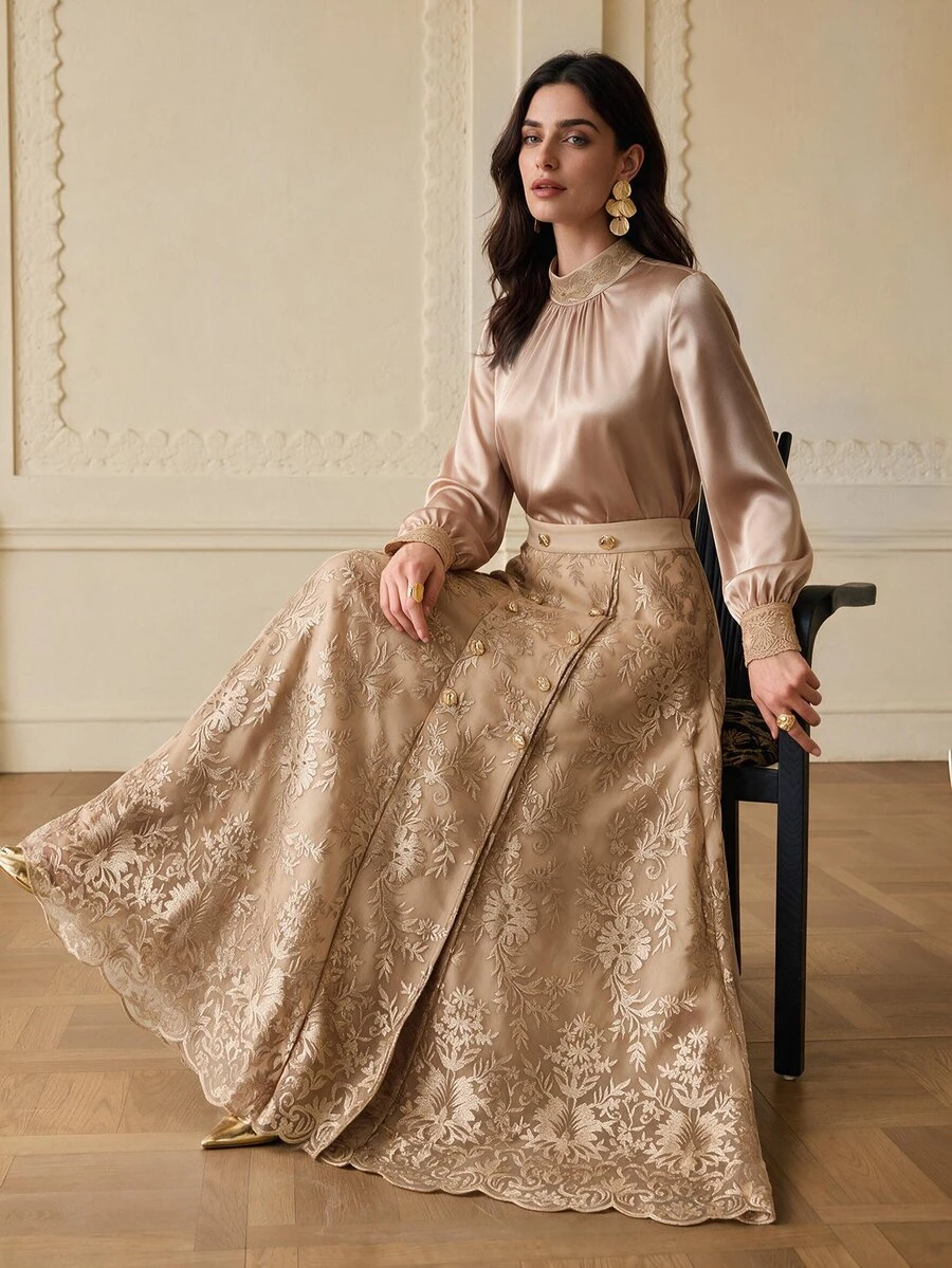 ZEYLAH Women's Solid Color Pleated Long Sleeve Top And Floral Embroidered Pattern Skirt Fashion 2 Pieces Set - Champagne - View 1