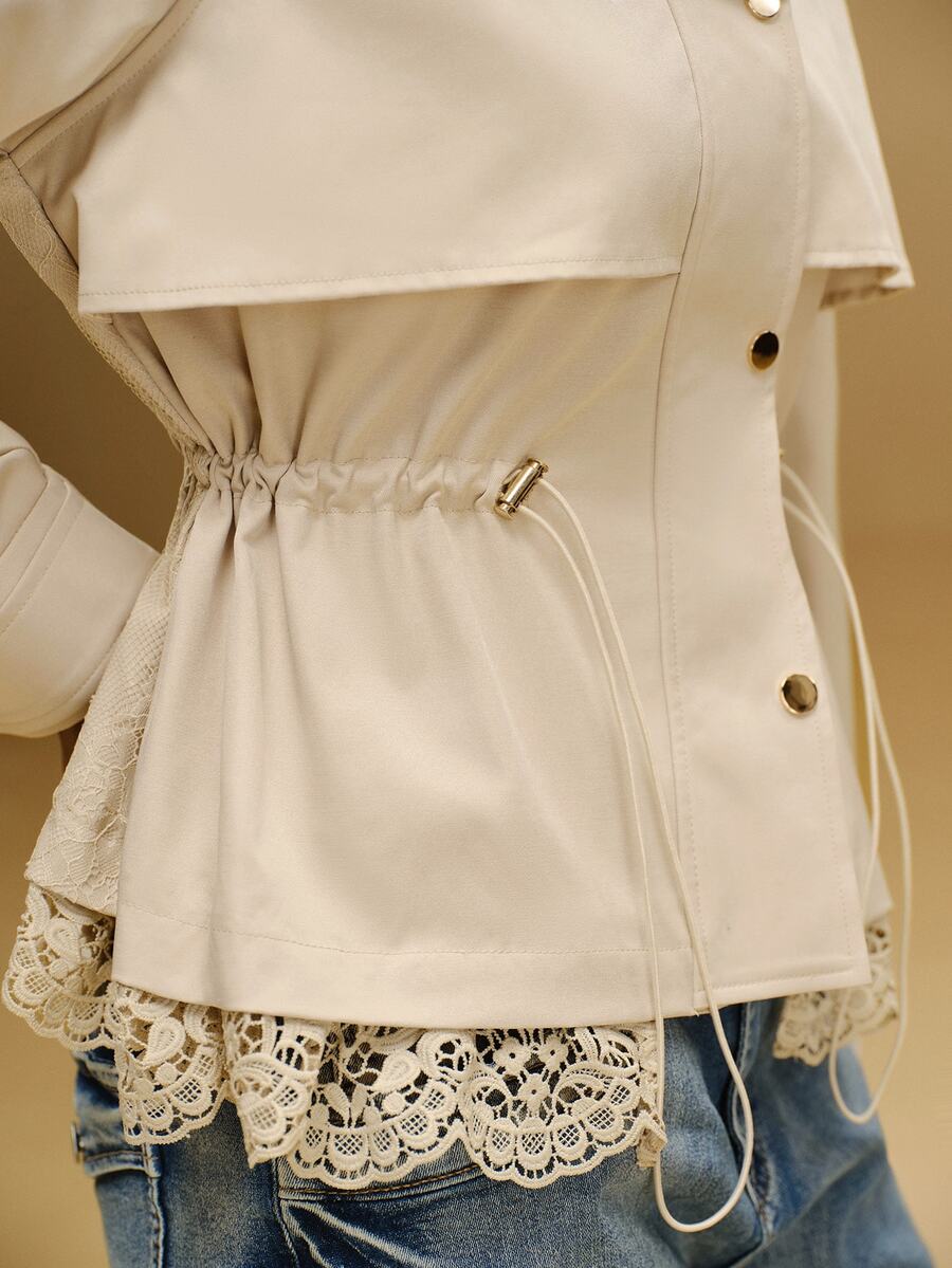 Anewsta Women's Spring/Autumn New Quiet Luxury Style Casual Commute Minimalist Versatile Stand Collar Metal Snap Button Waist Drawstring Adjustable Slimming Design Back Lace Patchwork Raglan Sleeve Long Sleeve Cropped Trench Coat Jacket - Khaki - View 1