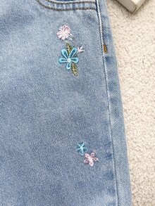 SHEIN 女童秋冬藍色水洗寬腿褲，精緻花朵刺繡，純棉面料，適合返校季與日常穿著 - 淺色水洗藍 - 查看 6
