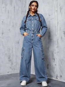 Rivivi Women's Casual Denim Jumpsuit With Pockets For Daily Wear - Blue - View 7