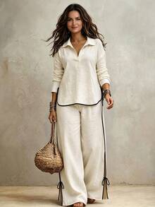 Weeklong Plus Size Women's Colorblock Long Sleeve Top And Pants Casual Set - Apricot - View 1