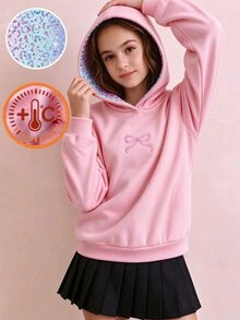 SHEIN 大女孩蝴蝶結刺繡連帽衛衣，對比花卉印花內裡帽兜，長袖休閒柔軟套頭運動衫，適合秋冬 - 粉色 - 查看 3