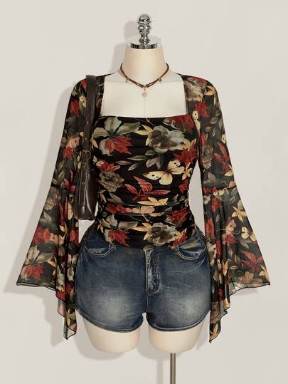 SHEIN ICON Plus Size Women's Floral Print Swan Neck Flared Sleeve Fashion Top