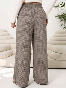 Solflare Plus Size Women's Plaid High Waist Wide Leg Loose Casual Long Pants - Brown - View 2