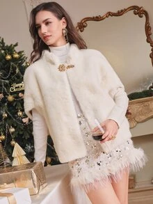Anewsta Autumn/Winter Elegant White Short Faux Fur Cape With Metal Button Stand Collar Loose Fur Shawl Jacket - White - View 4